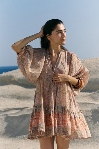 indian cotton print dresses Block Printed Lilac Blue Floral Cotton Dress 'Cassidy'