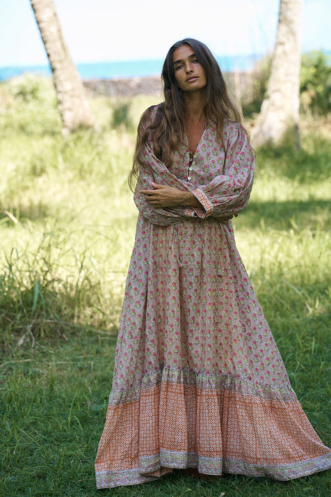 Bhoomi Maxi Dress Sunset — full length hand block print cotton maxi, tropical setting | Daughters of India