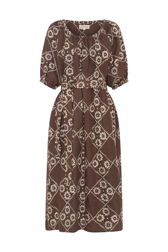 Dahlia Maxi Dress Maple — ghost flat lay, hand block print linen maxi with tie waist, maple brown diamond and daisy motif on white background | Daughters of India