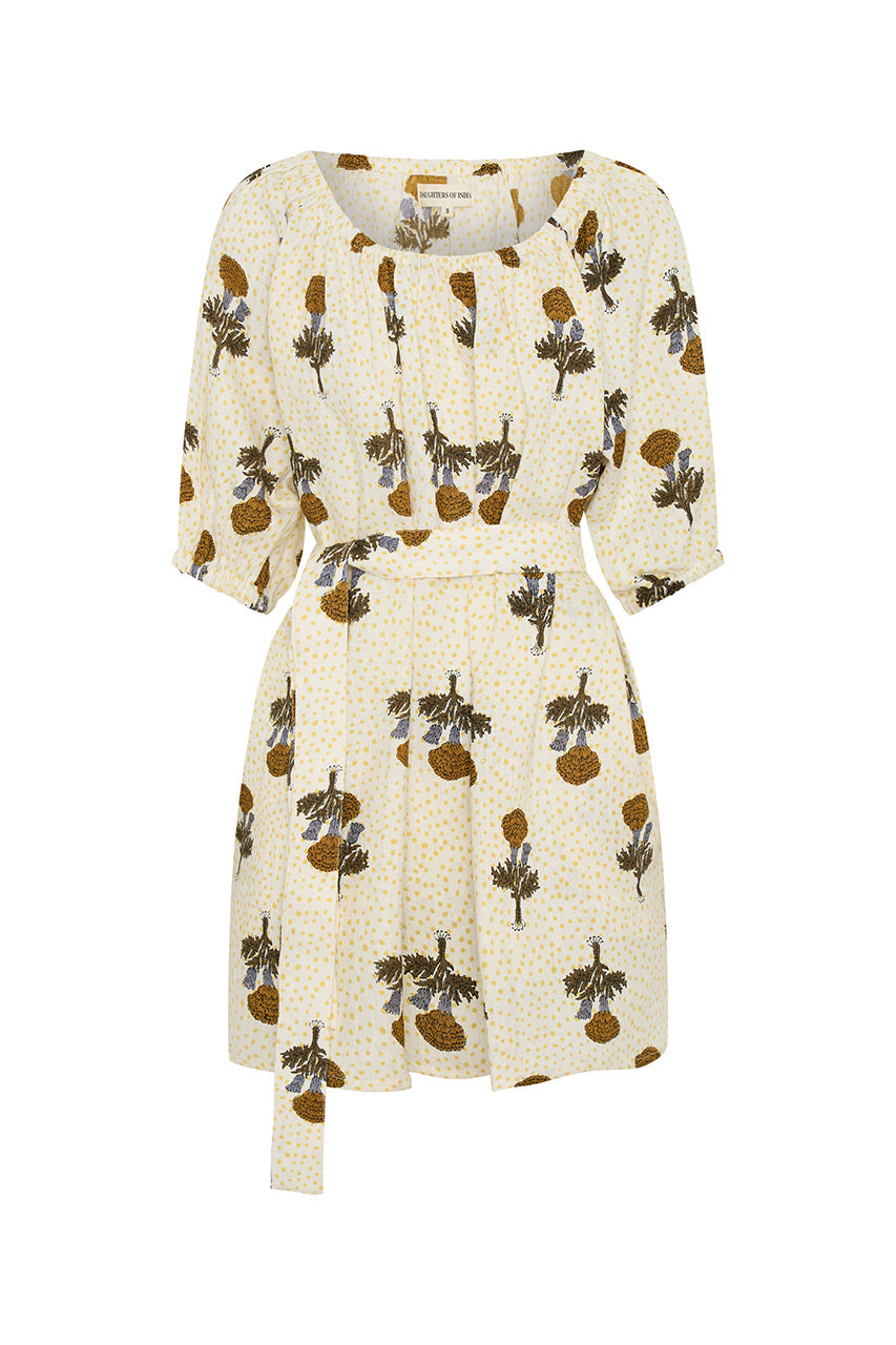 Dahlia Mini Dress Marigold — ghost flat lay on white, full silhouette with tie-waist belt, white cream linen with golden amber marigold botanical hand block print, Jaipur artisan linen dress | Daughters of India