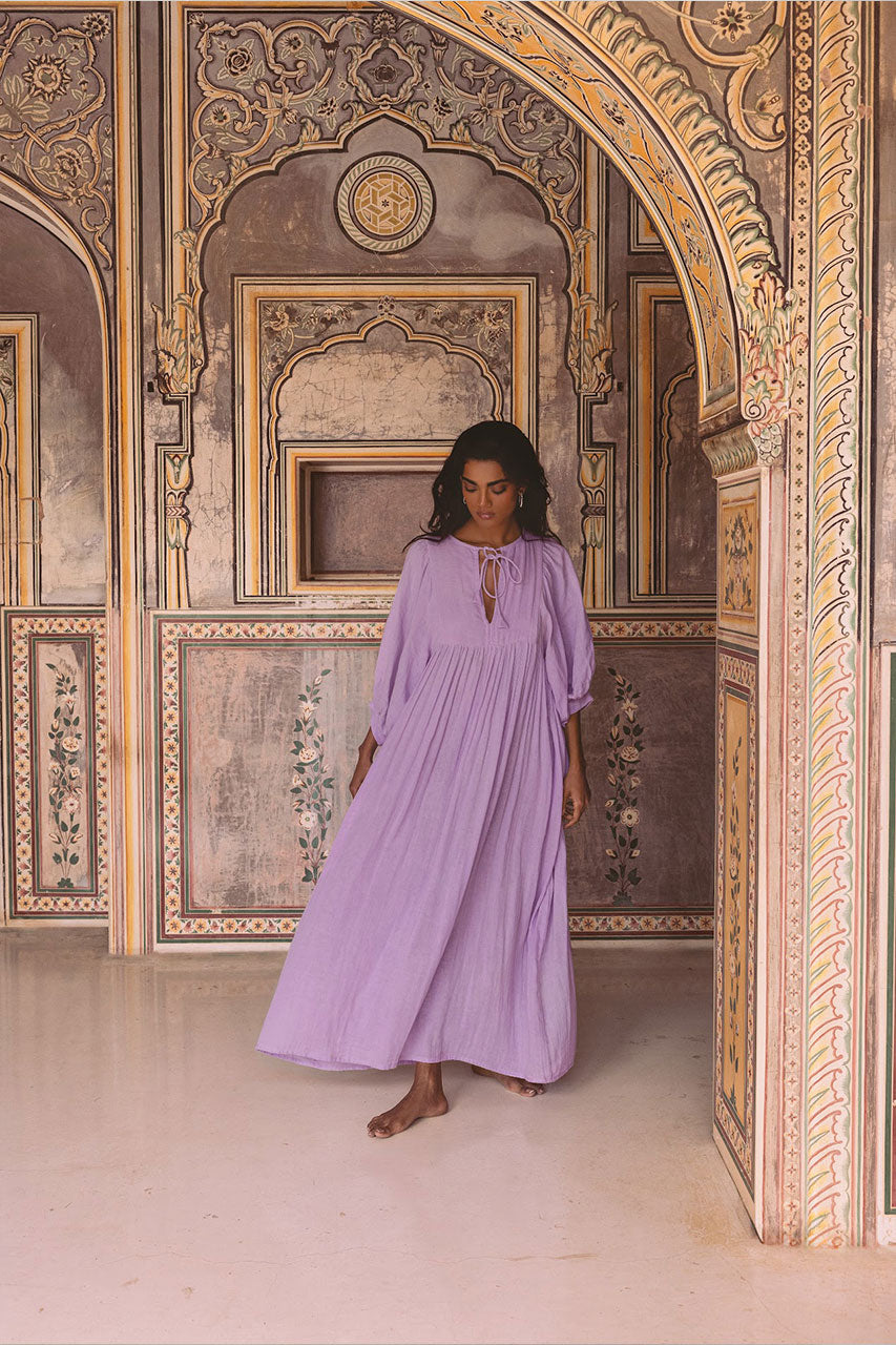 Daughters of India Kyra Maxi Dress in Lilac Gauze — walking through ornate Indian palace, flowing cotton gauze maxi