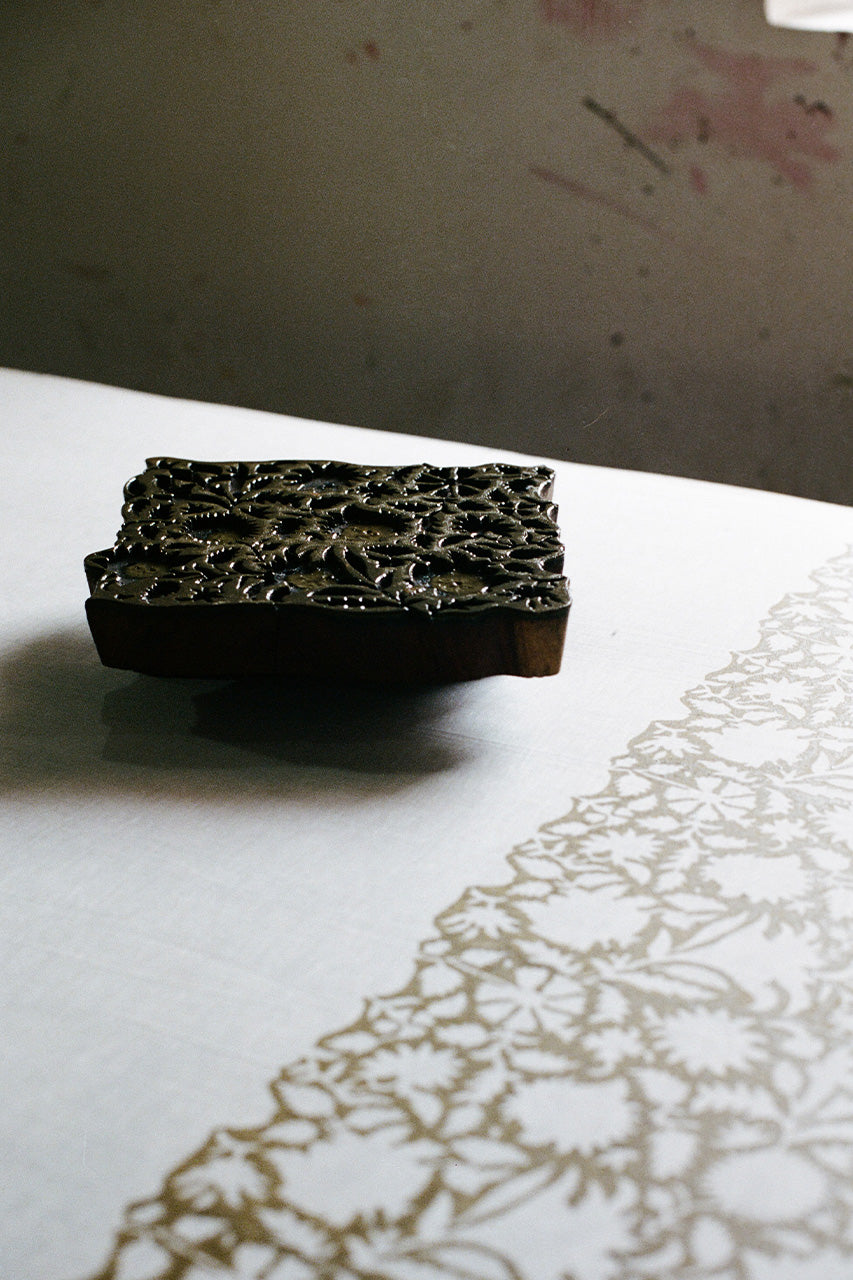 Daughters of India — carved wooden block and hand block printed olive floral cotton fabric in workshop