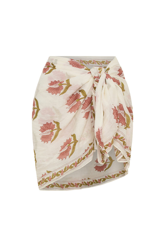 Ria Sarong Strawberry Cream — studio side profile, three-quarter view, flowing wrap style skirt, strawberry cream block print cotton sarong, artisan made Jaipur India | Daughters of India