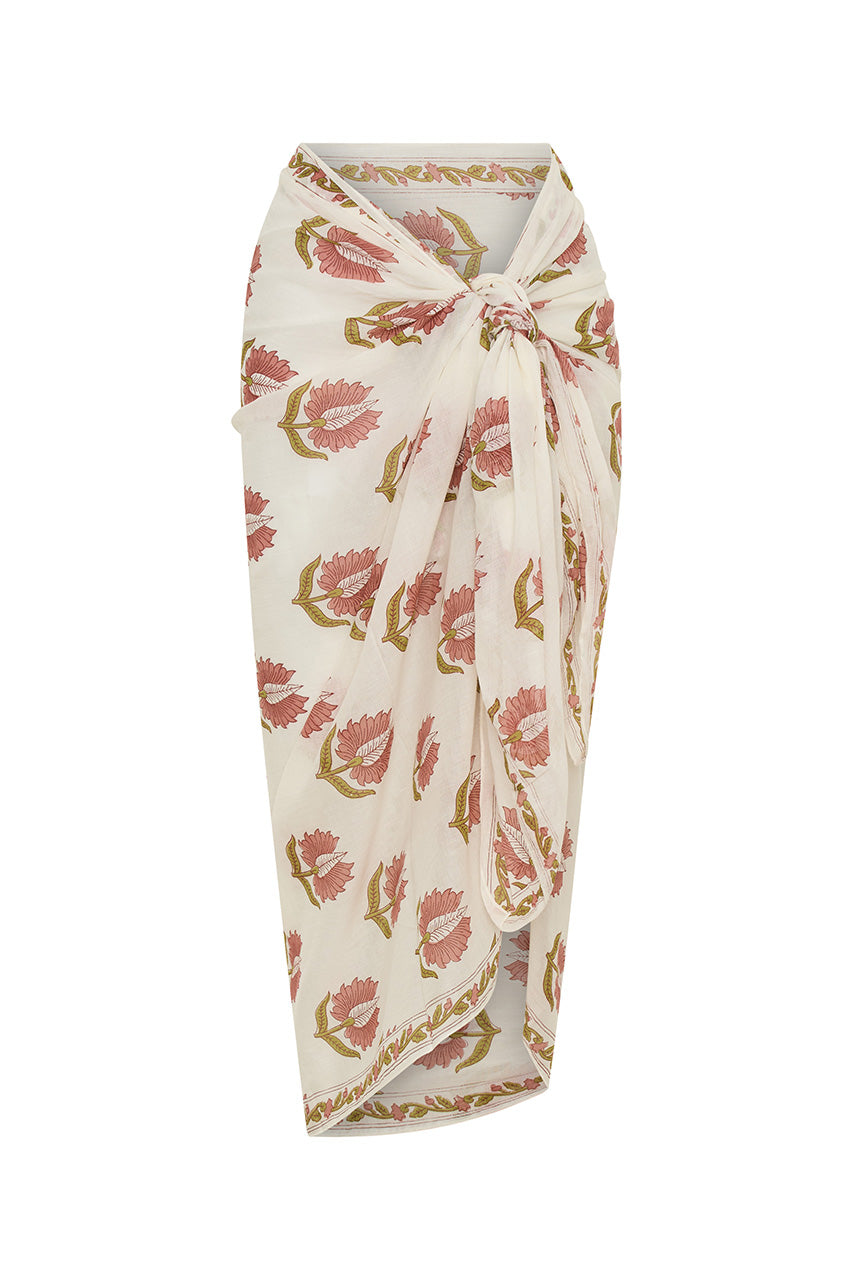Ria Sarong Strawberry Cream — close-up wrap tie detail, sarong knot and drape at waist, strawberry cream hand block print cotton fabric detail, artisan India | Daughters of India