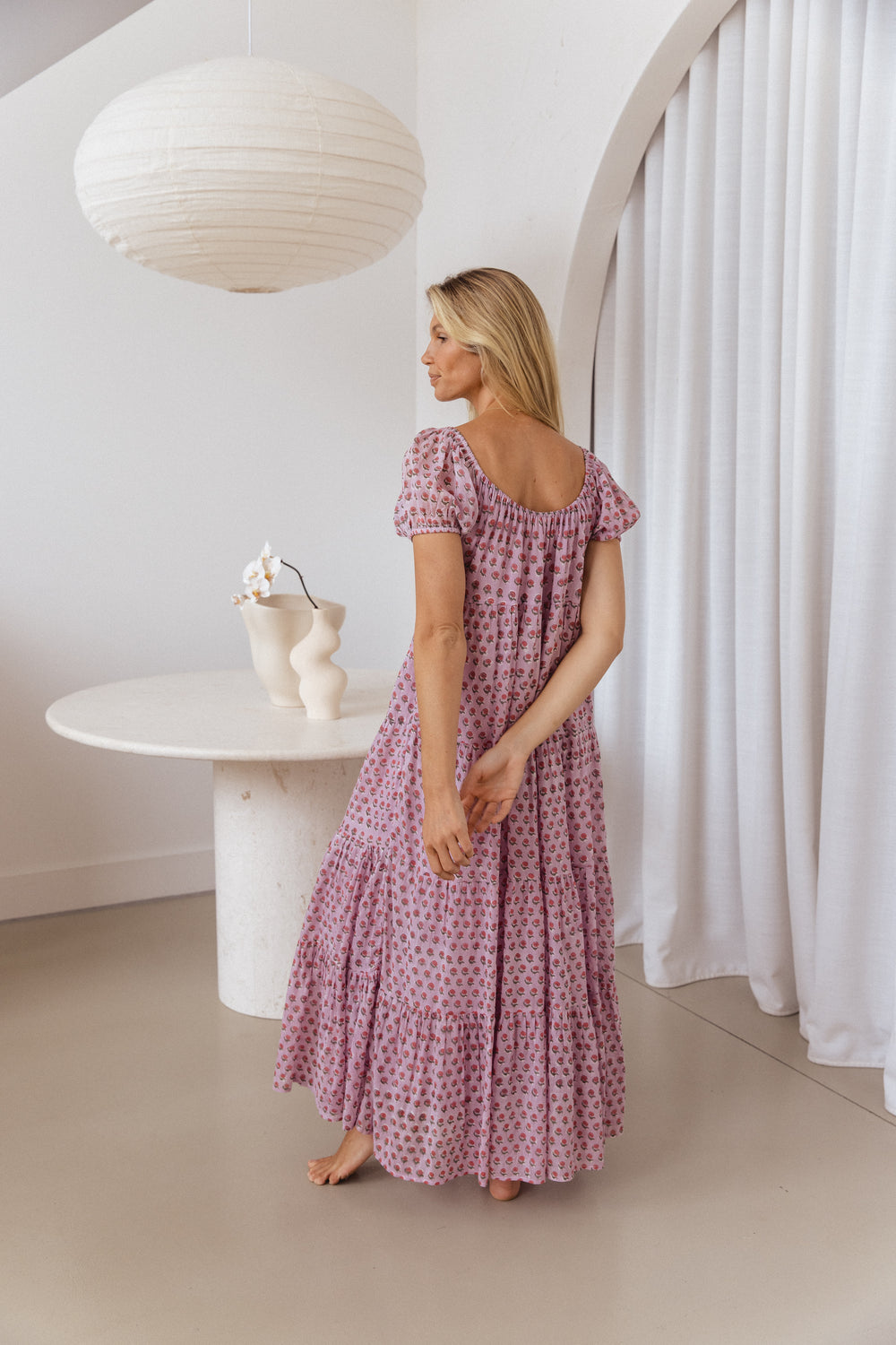 Sita Maxi Dress Violet — back view with tiered skirt, hand block print cotton maxi dress | Daughters of India